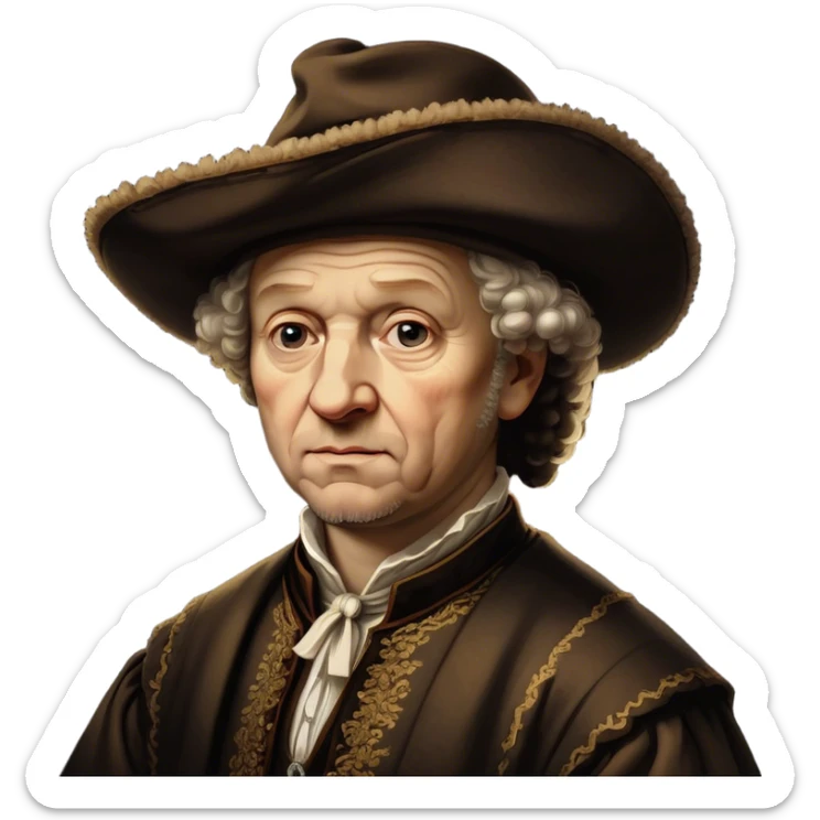 Cinematic Realistic portrait of Rembrandt, shown as a master artist with deep, introspective eyes and richly detailed period clothing, rendered with dramatic chiaroscuro lighting that emphasizes his legacy sticker