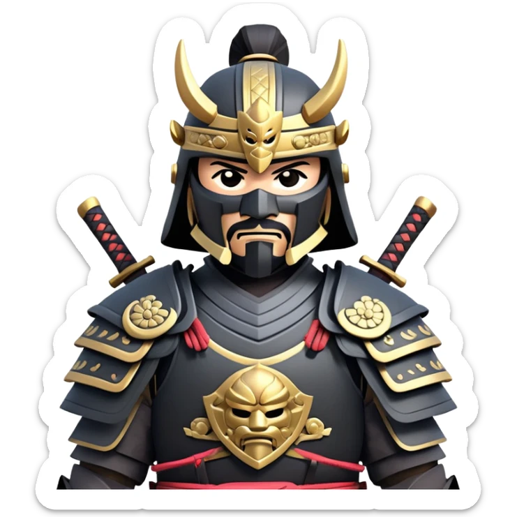 clash-of-clans-aesthetic_-cinematic-fearsome-and-majestic-samurai-bust-portrait-emoji, rendered in a flat, vector-style with minimal shading and bold, simplified shapes typical of emoji art, depicting a battle-hardened samurai with black mask and traditional black Japanese armor. The samurai is riding a noble grey warhorse adorned with an intricately designed saddle and fluttering banners and a rising sun. a samurai on a   horse sticker