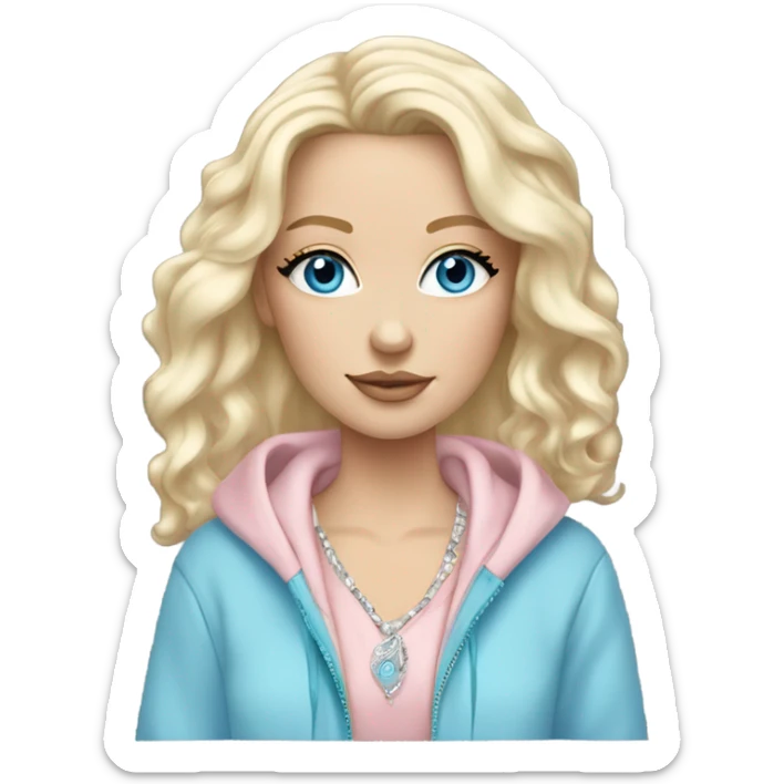 body White girl with platinum wavy blond hair, long lashes and stunning blue eyes wearing jewelry and a light pink oversize hoodie zip up sticker