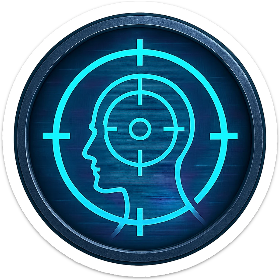 the image is the icon for a videogame  item. futuristic cyberpunk -ready to equip- it is master craftsmanship [ unequipped item ]
a circular bullseye reticle, representing a headshot - neatly staged 3/4 profile view - orthographic horizontal perspective sticker
