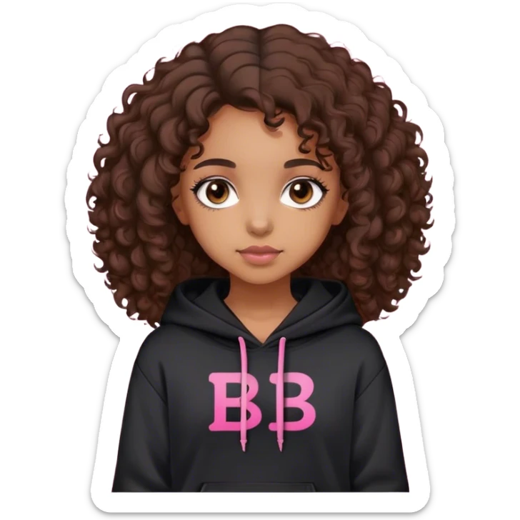 Light brown girl with dark brown curly hair, dark brown eyes, wearing a black hoodie with pink “BROOKLYN” letters sticker