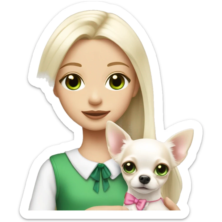 pale blond girl with long platinum hair with green eyes holding a white chihuahua puppy that wearing a pink bow sticker