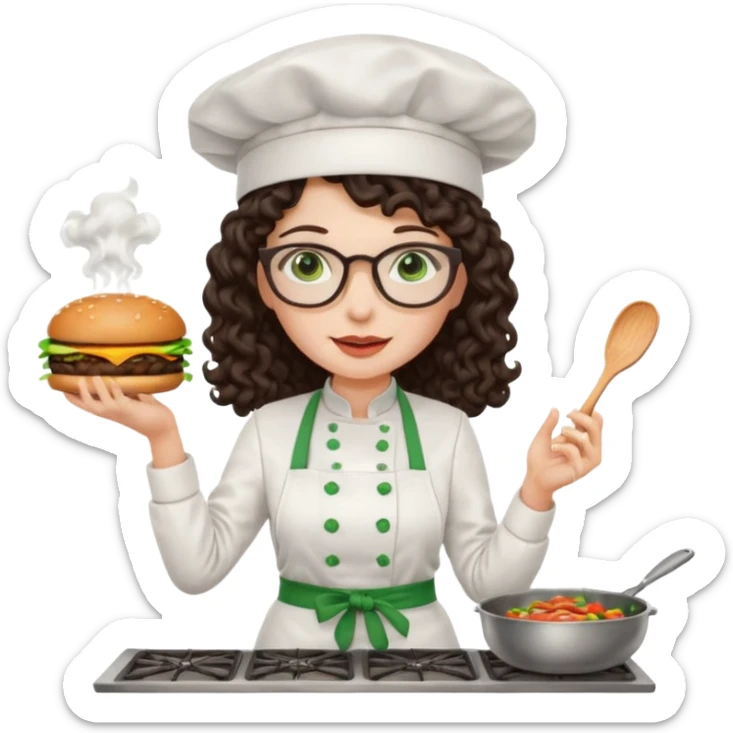 A female chef with glasses, dark brown long curly hair, White skin,Green eyes and cooking a burger sticker