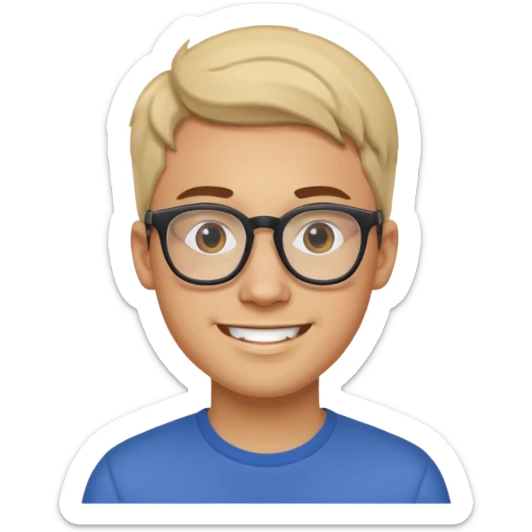 a man in his early 20s wearing glasses for a tech company, his job is marketer, extroverted sticker