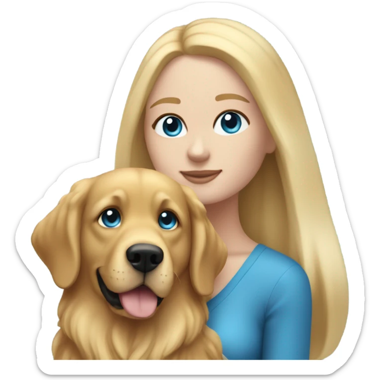 woman with blue eyes and long straight blonde hair and big boobs is holding a very fluffy small golden retriever sticker