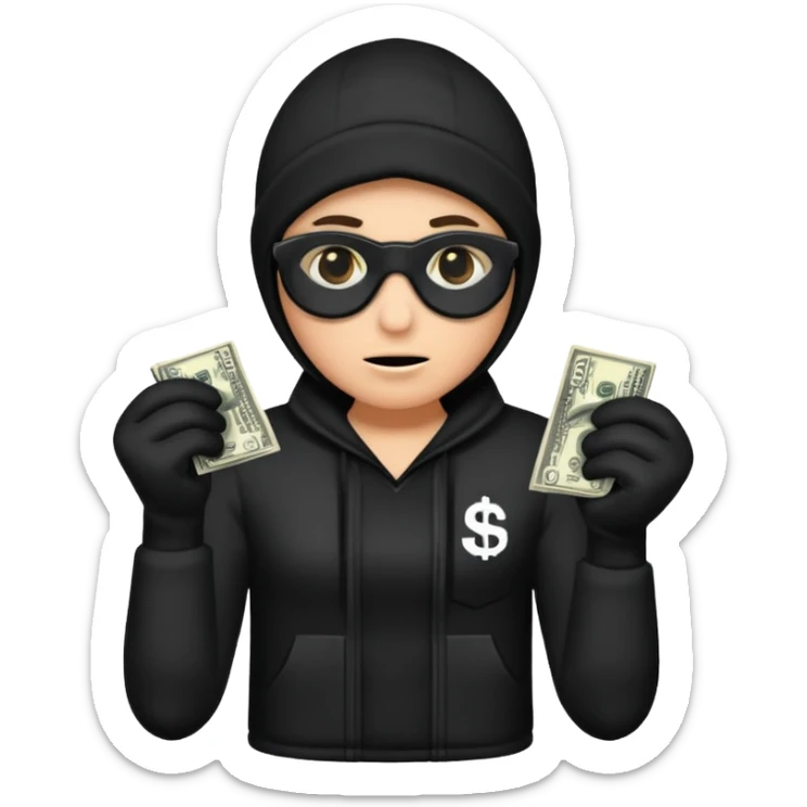 Robber with money na mão direita com uma blusa de frio preta  sticker