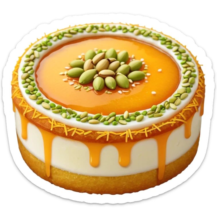 A small round emoji of traditional kanafeh with golden-orange crispy threads, a gooey white cheese center, and a light sprinkle of green pistachios. Warm and delicious-looking. sticker