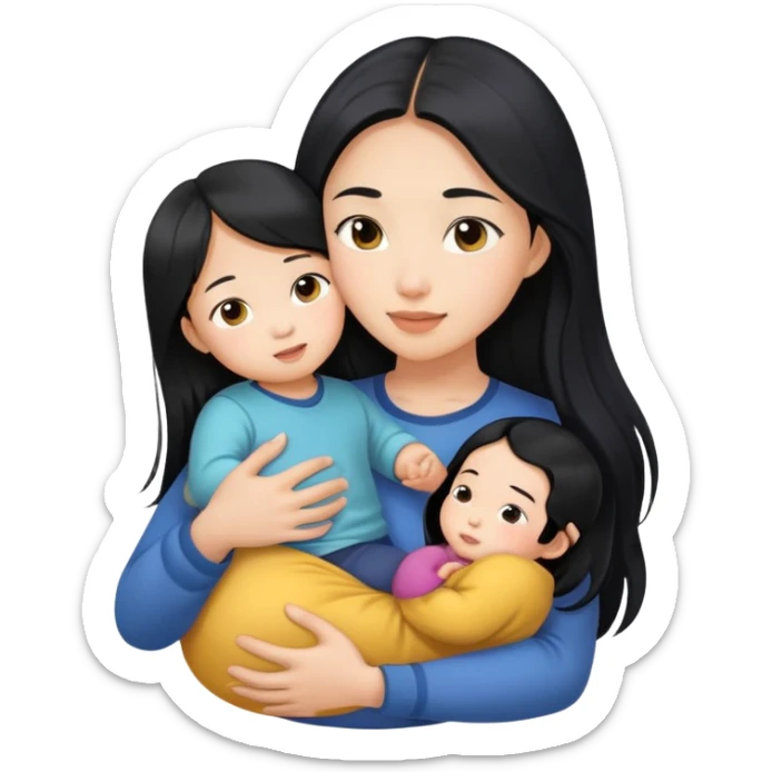 Beautiful Asian girl with long black hair, holding a child in her arms sticker