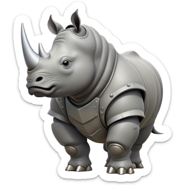 cinematic-rhino-full-body-standing-emoji,-massive-armored-body-poised-powerfully,-thick-horn-curving-slightly-forward,-head-tilted-dramatically,-rough-grey-hide-covered-in-dust,-simplified-focused-features sticker