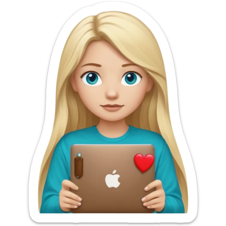 blonde long hair girl using macbook emoji. she has blue eyes and dark coffee shirt with Teal coloured accesory sticker