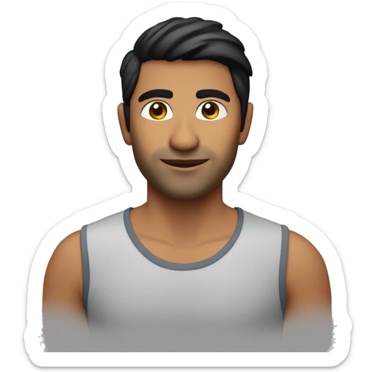 A head and shoulders shot of a 33 year old South Asian man, with short black hair,   with brown eyes wearing a t-shirt. sticker