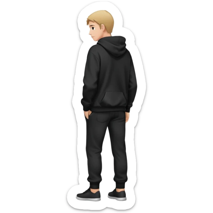 fullbody Mysterious shy caucasian man in black hoodie, hands in pockets and black pants rear backview sticker