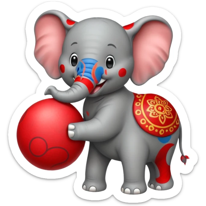 Create a cute emoji of a smiling cartoon elephant balancing a red patterned ball on its trunk sticker