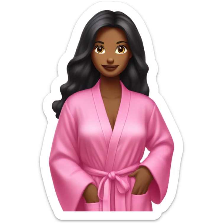 Tanned woman with long black hair wearing a silk pink Victoria’s Secret robe sticker