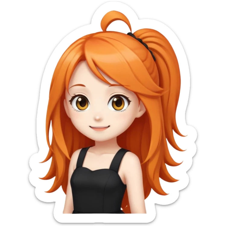 Chibi anime girl with long orange hair, tight black dress, cute smile, big eyes, emoji style sticker