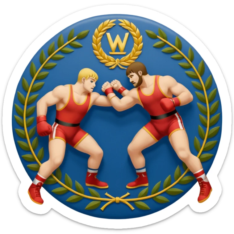 An icon symbolizing wrestling combat sports in the style of an emblem. The design features two wrestlers locked in a powerful grapple, one attempting to take the other down. Surrounding the scene are stylized elements like a championship belt, wrestling mat, and a laurel wreath. sticker