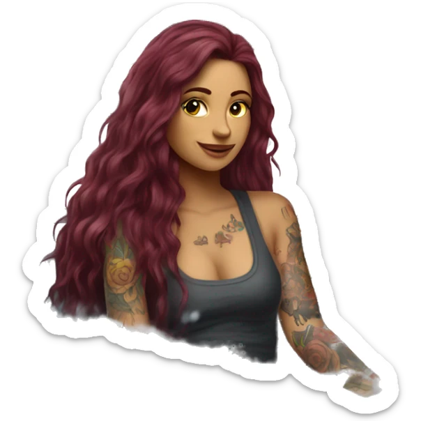 Beautiful tattooed burgundy long haired woman washing a car sticker