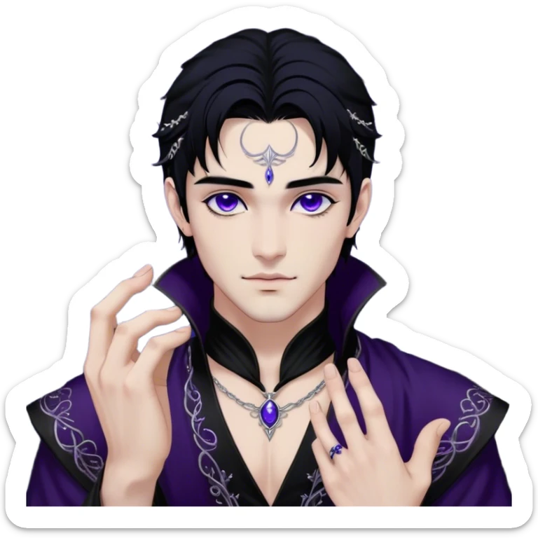 A strikingly handsome High Fae male with midnight-black hair, piercing violet eyes that glow under the moonlight. His lips curve into a knowing smirk, revealing a dangerous charm. He wears an elegant black tunic with silver embroidery, the fabric flowing like liquid shadow. A silver ring glints on his long fingers, and faint wisps of darkness swirl around his shoulders like living mist sticker