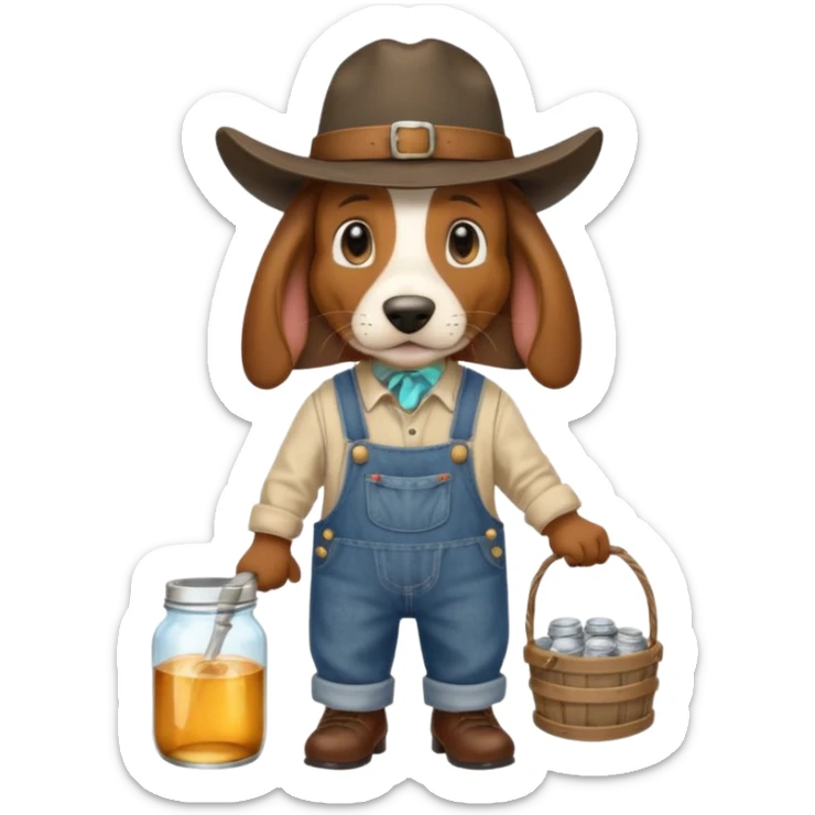 toothless hillbilly basset hound wearing a stetson and dungarees carrying moonshine sticker