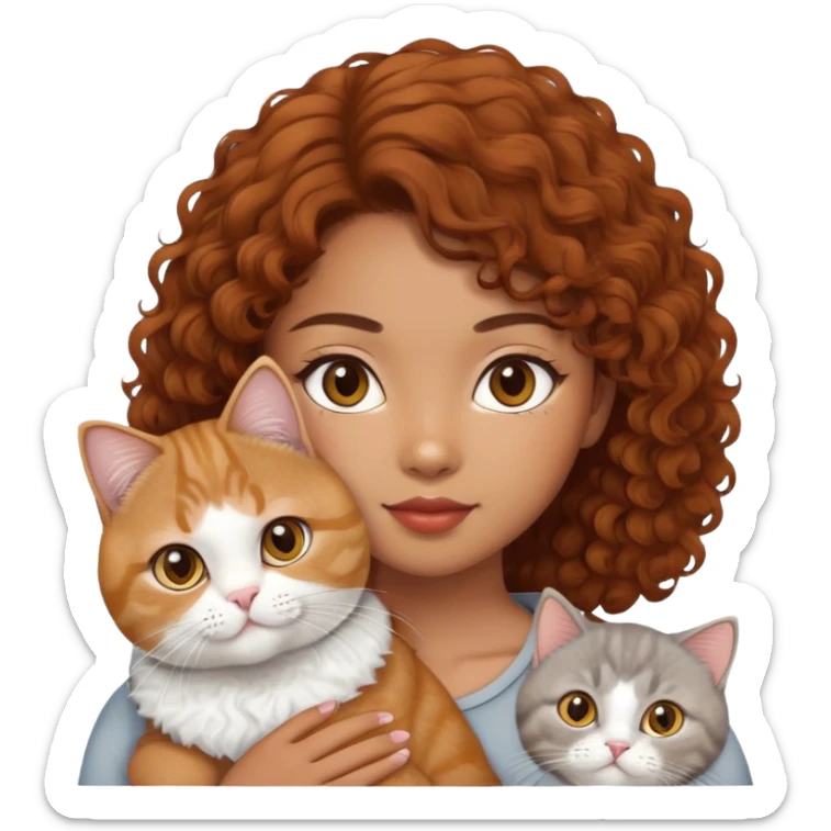 An asian girl with brown curly hair and a British shorthair cat with ginger and white fur  sticker