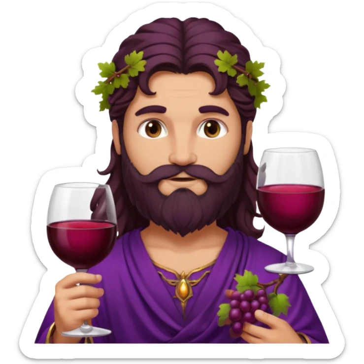 Bacchus, Wine God from Rome Mythology with long dark brown hair and beard, purple and burgundy outfit, sticker