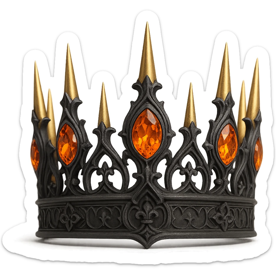 gothic crown in matte charcoal with gold spikes and fiery orange gems, bold and dramatic sticker
