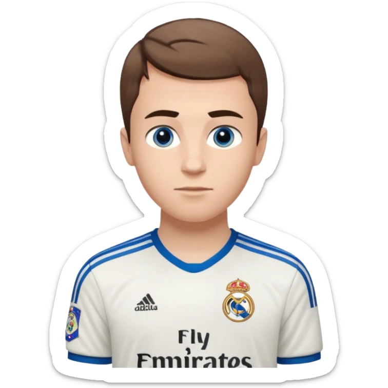 White male wearing Adidas Real Madrid jersey with Champions logo on sleeve and Fly Emirates on chest sticker