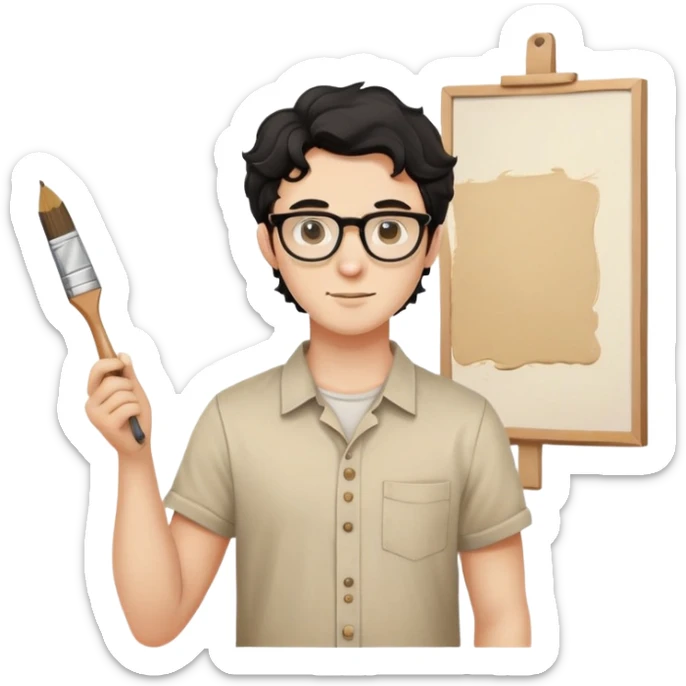 Young caucasian man with black wavy hair, round glasses, beige painting shirt, holding a square paintbrush sticker