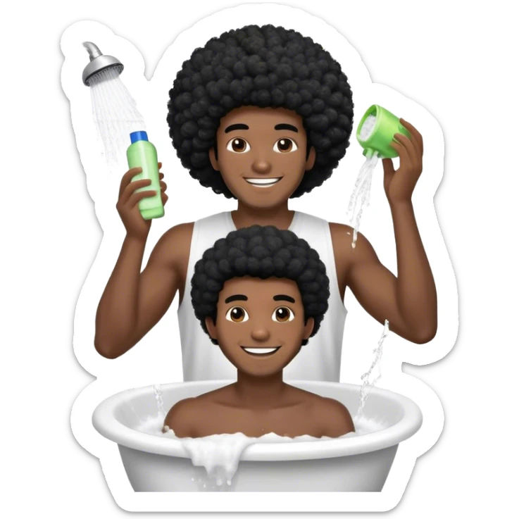 Black guy with black hair happy to wash his hair with shampoo Afro hairstyle give me more than 1️⃣ give me options sticker