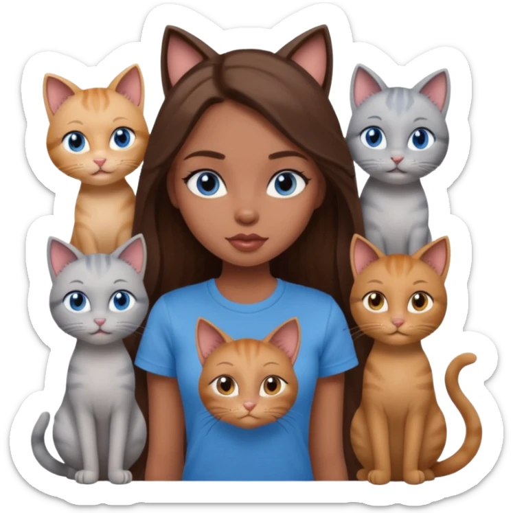 a pretty bratz dusky girl with long brown hair, blue eyes with six cats nd wearing a grey tshirt sticker