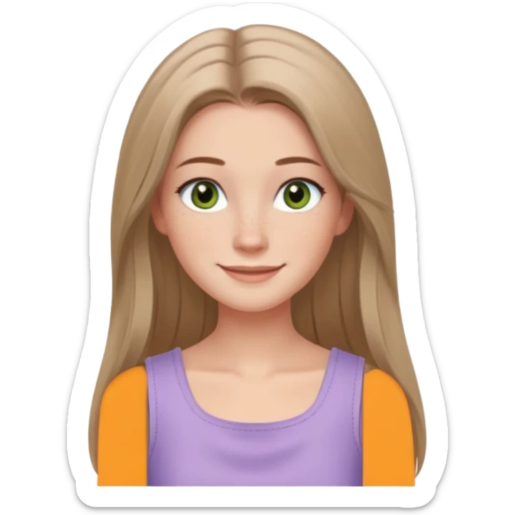 emoji of a confident woman named Freya McOmish, smiling, hazel green eyes, straight long hair with a middle part, subtle freckles, modern casual style, broad shoulders, wearing a pale lavender sleeveless deep square neck top sticker