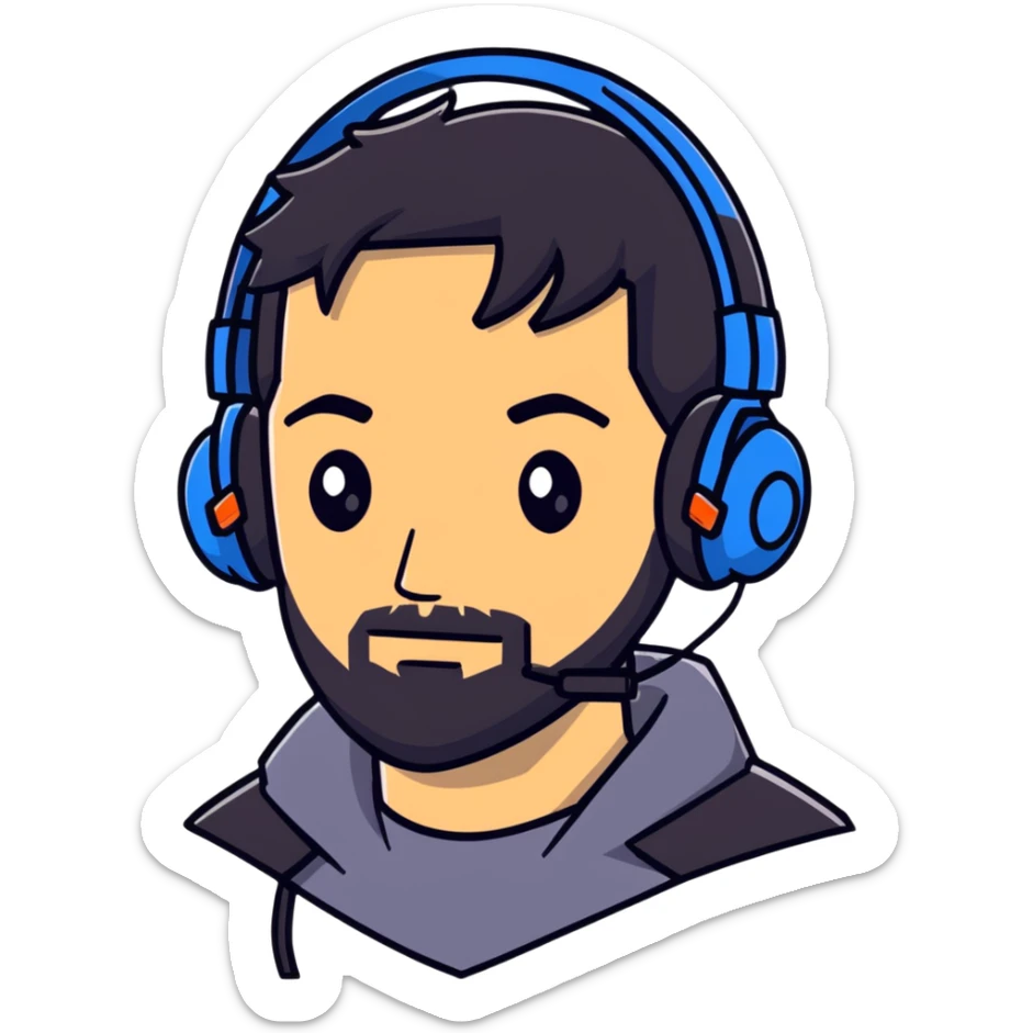 A person with black hair, brown eyes, a black beard, wearing a gaming headset sticker