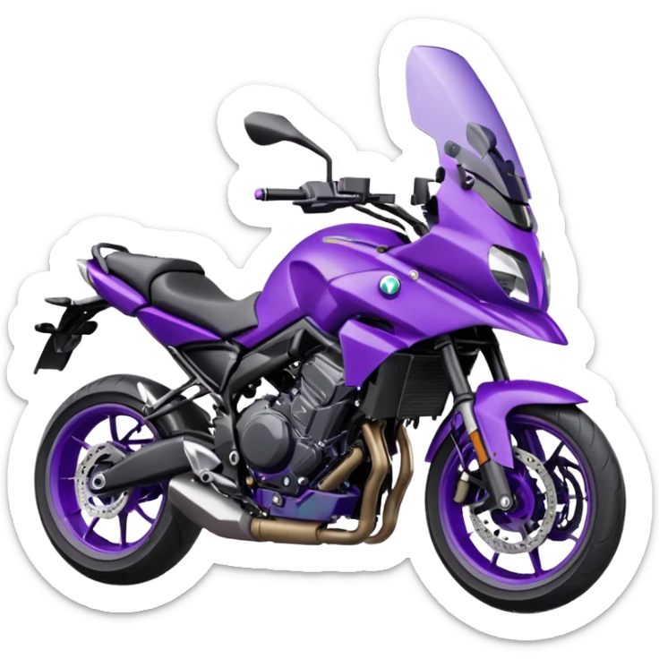 Créer un emoji avec une moto mt07 sport noir mate / violet iridescent très foncé, pare-brise de la moto violet. Avec une pilote dessus visière violet sombre visage caché . Avec fond arrière violet en arrière plan. sticker
