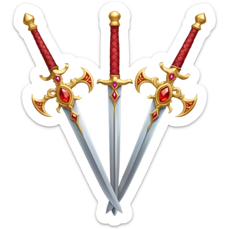 Two crossed swords that are golden in blade and handle and have fiery and royal appearence to them as well as red gem stones sticker