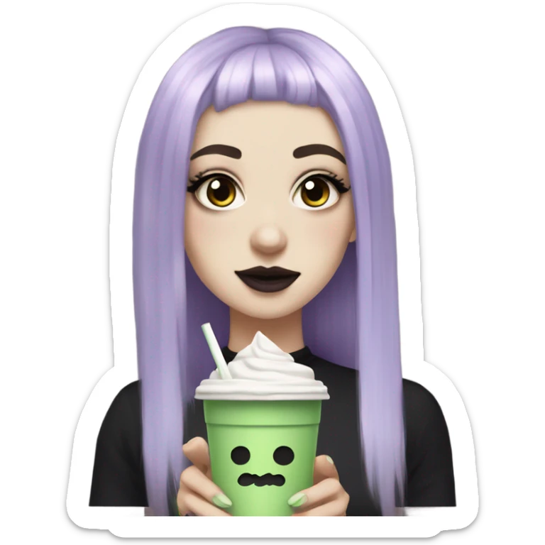 goth white girl with eyeliner, mid length hair, purple hair, bangs holding iced matcha   sticker