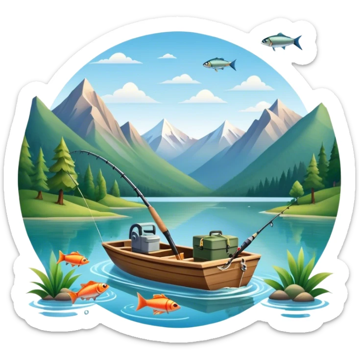 Icon for Fishing Travel: a boat on a calm lake surrounded by mountains and lush greenery, with fish jumping out of the water, a fishing rod, tackle box. The icon should capture the peaceful and adventurous nature of fishing trips. Transparent background. sticker