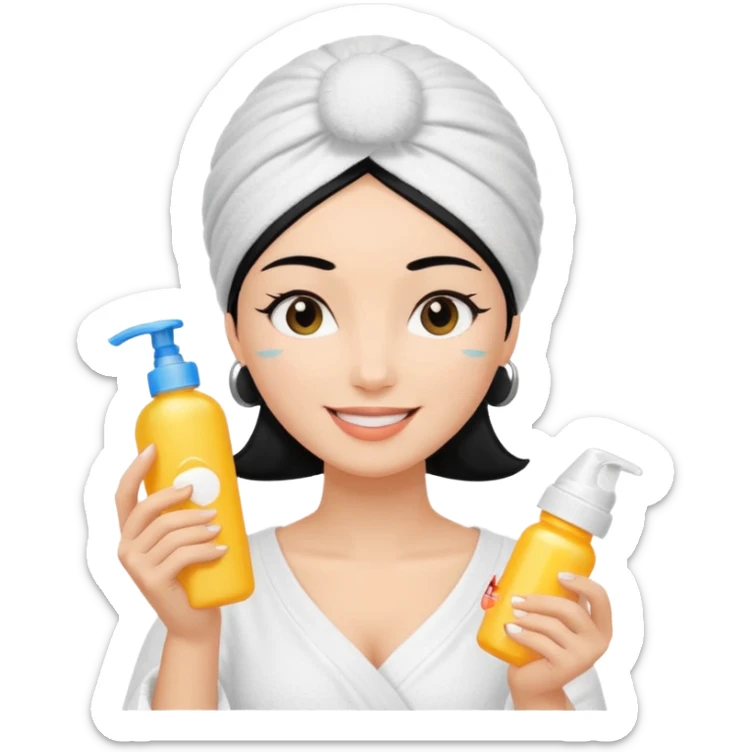 female character with black hair wearing white towel turban, holding sunscreen bottle labeled SPF 50, applying sunscreen to cheek sticker