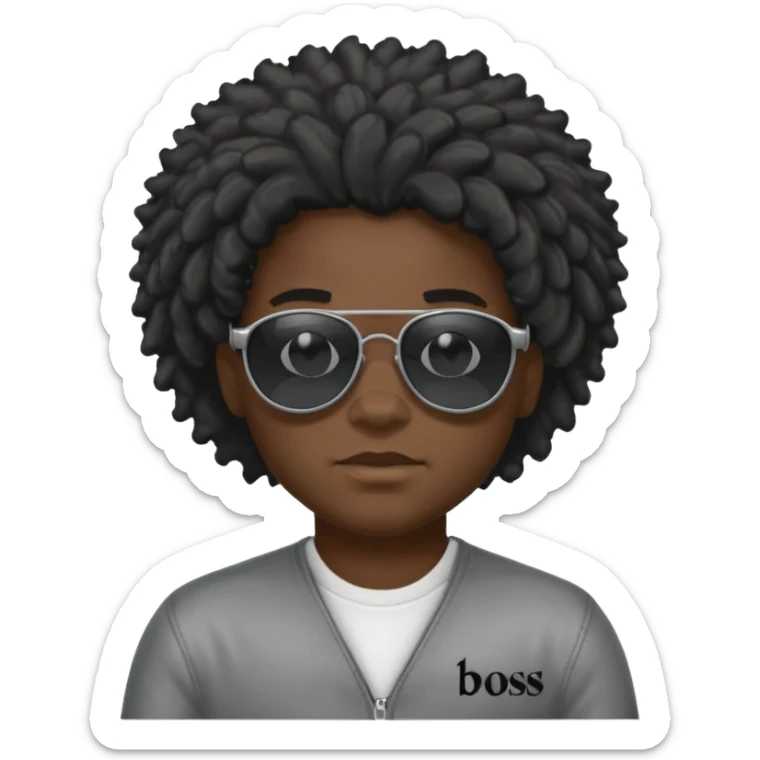 Un garçon,de couleur noir avec des lunettes de soleil grise,il a des cheveux crépus et au dessus de sa tete il est écrit BOUSS  sans qu’on voit ses yeux sticker