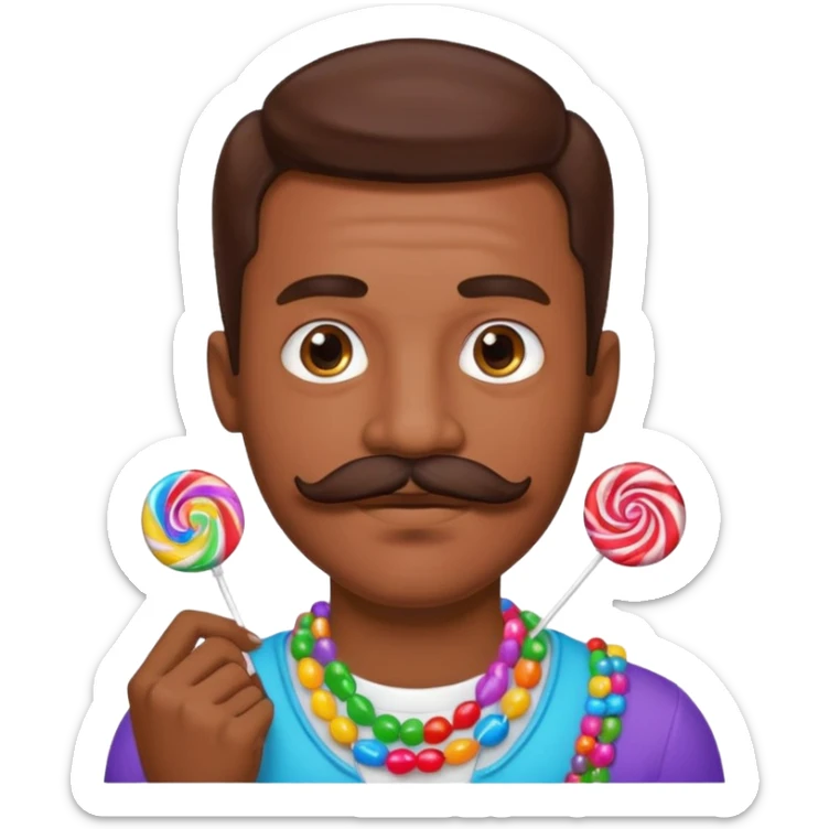 man with a lot of accessories and mustache made out of candy sticker