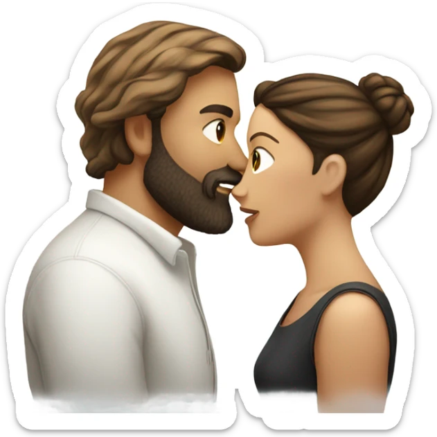 bearded man white with brown hair in a bun kissing a brunette woman sticker