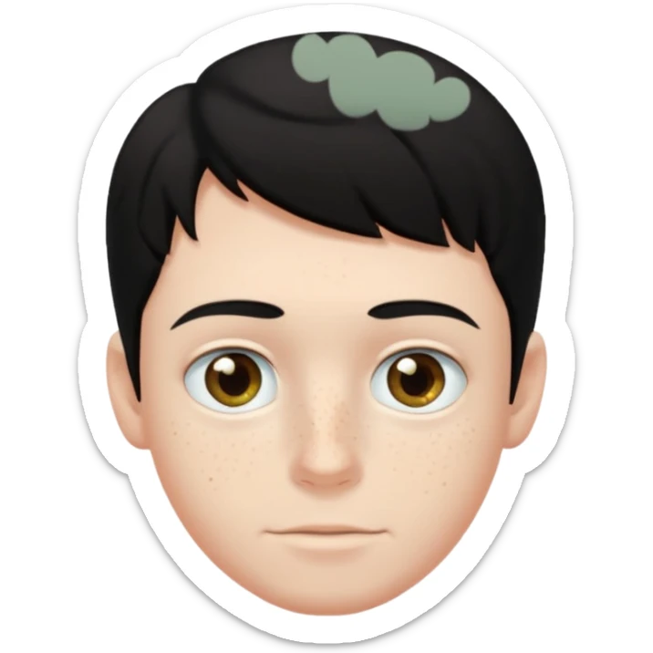 A boy with dark black hair and hazel green and brown eyes and white skin , with freckles and black t shirt  sticker