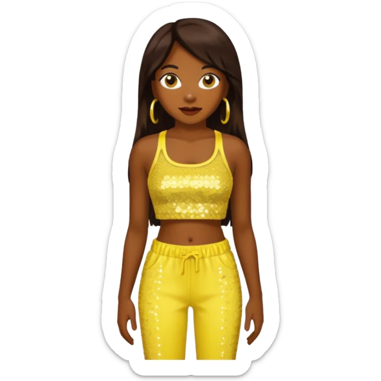 Chilli from TLC with long dark brown hair, yellow sequin crop top and pants, dark skin  sticker