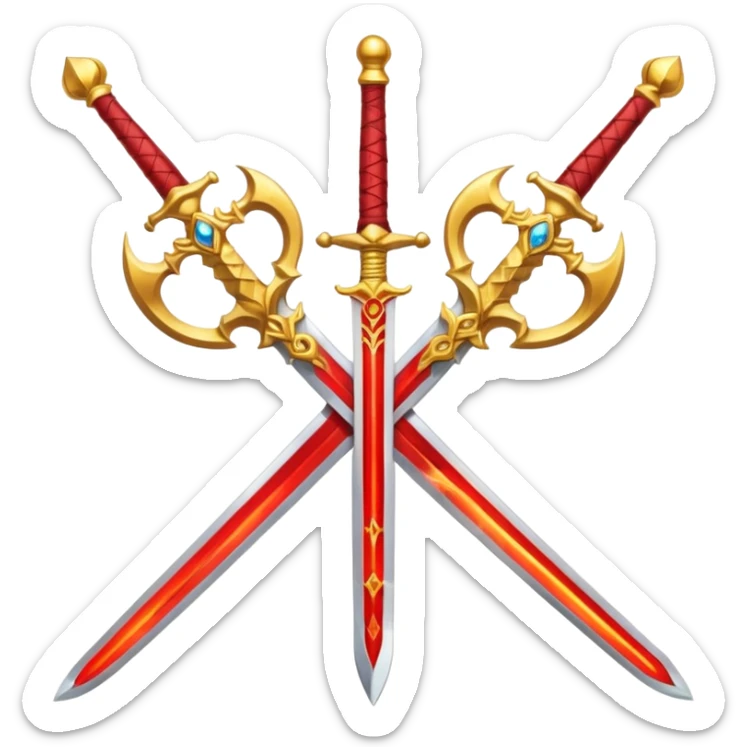 Two crossed swords that are golden in blade and handle and have fiery and royal appearence to them as well as red gem stones yellow in color sticker