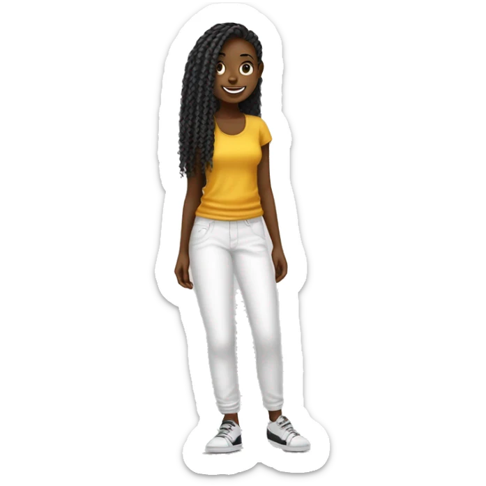 une fille africaine les cheveux tressés portan un tshirt blanc un pantalon noir des baskets blanches et souriante. sticker