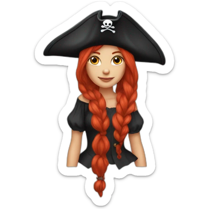 Woman long red hair in a platt .pirate hat. One side of head has no hair. skull and crossbones t shirt sticker