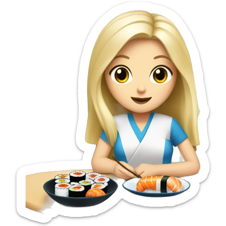 Blonde white girl with blue eyes eating sushi with friends sitting in a table sticker
