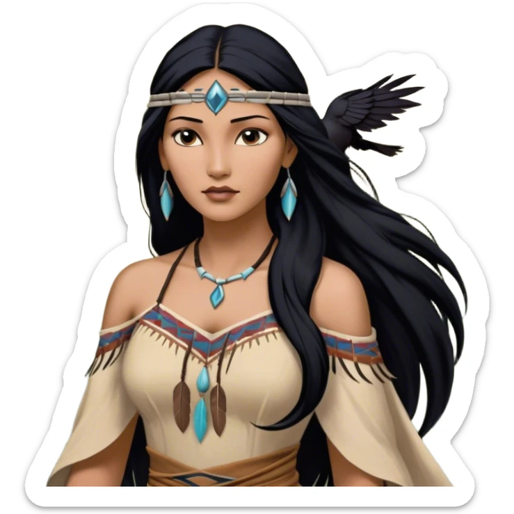 Cinematic Realistic Pocahontas Portrait, depicted with lifelike skin texture, soft natural lighting, and intricately detailed long, flowing raven-black hair that moves gracefully in the wind. Her deep, soulful dark brown eyes exude wisdom and strength, complemented by a serene yet powerful expression. She is dressed in her classic one-shoulder native american dress, with rich fabric textures and delicate beaded details that catch the light beautifully. The portrait features a soft, sun-kissed glow with a natural, radiant finish, capturing the essence of untamed beauty and deep connection to nature in a realistic and painterly style, evoking a sense of depth and authenticity. sticker