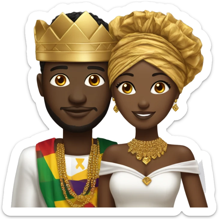 Ghanaian bride and groom. Gold jewelry and gold head crown with white off shoulder dress. Kente Cloth sticker