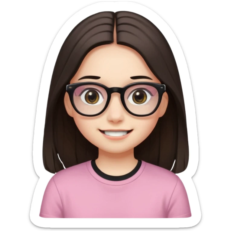 The girl with dark straight long hair, divided in the middle hairstyle, white skin, black eyes, wearing black shirt and tortoise framed glasses. The mounth is light old pink, smile with no teeth. sticker