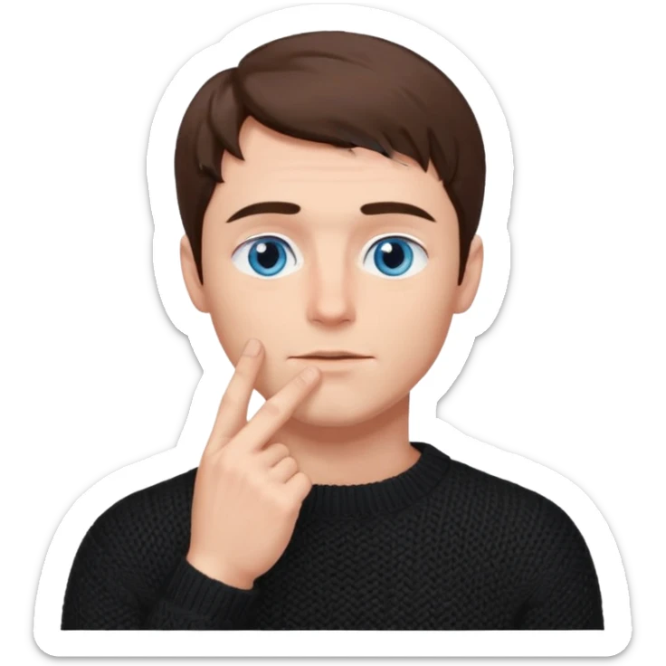 man in black knitted sweater in thinking pose, blue eyes brown hair, index finger touching his chin, eyes looking up to the top right sticker